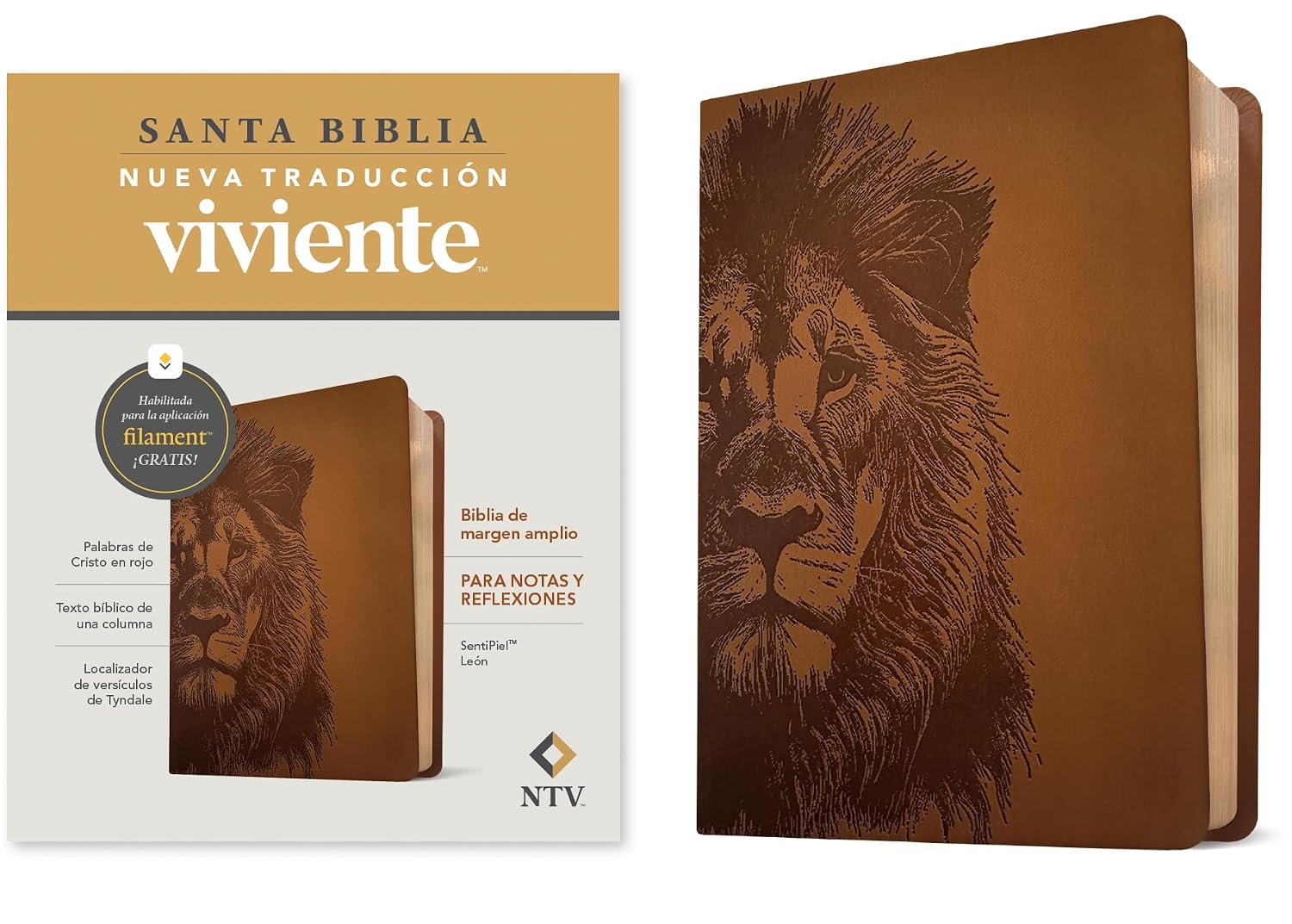 Biblia de margen amplio NTV con Filament (SentiPiel, León, Letra Roja)
